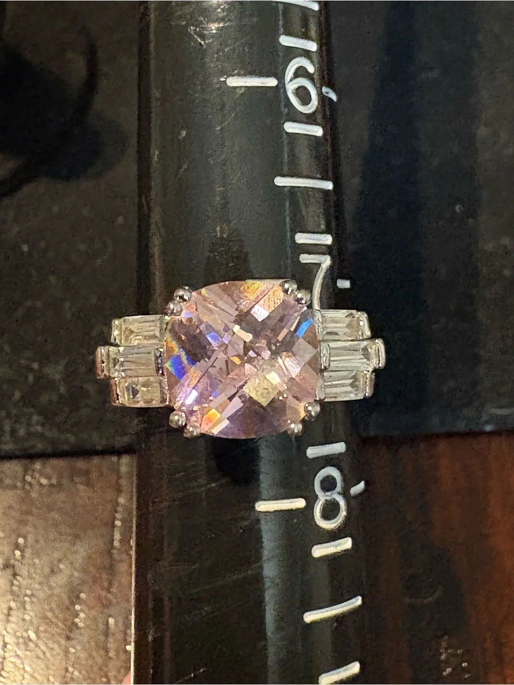 Classic Pink Cushion-Cut Ring with Clear Side Stones Sz. 7 1/4
